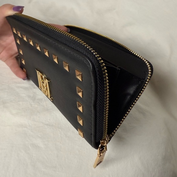 Badgley Mischka Black Faux Leather with Gold Studs Zipper Wallet - Picture 6 of 10